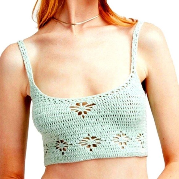 Free People Berkinette Mini Crochet Crop Cami Tank Top L Large Shirt Mint Green - Picture 1 of 8